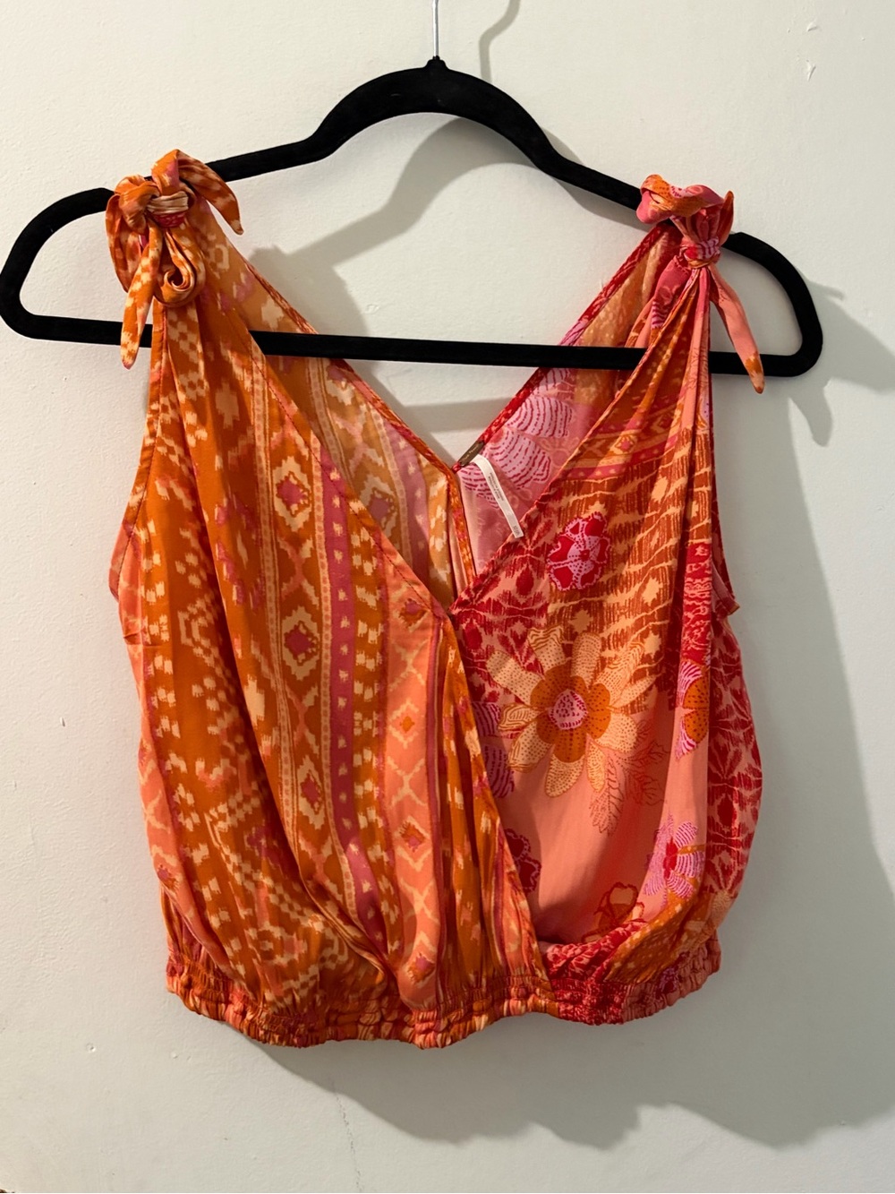 Trina Turk Orange and Pink Tie-Shoulder Mixed Print Crop Tank